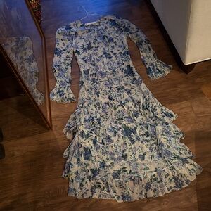 Zimmermann Sheer Blue and White Floral Long Sleeve Dress with slip dress